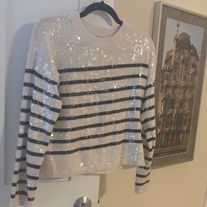 LOFT Cream and Black Striped Sequin Sweater XXS